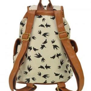Bird Print Backpack Graphic Canvas Backpack Girl..