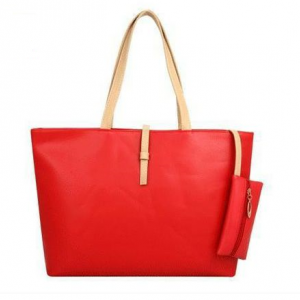 Red Faux Leather Tote Bag Featuring Slip-in..