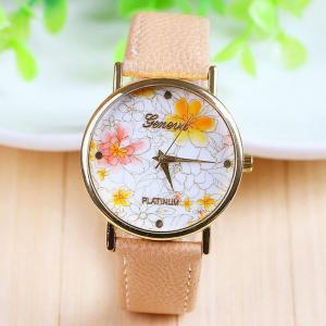Fashion Yellow Flowers Leather Girl Watch