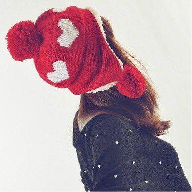 Love Heart Pompom Red Girl Winter Hat