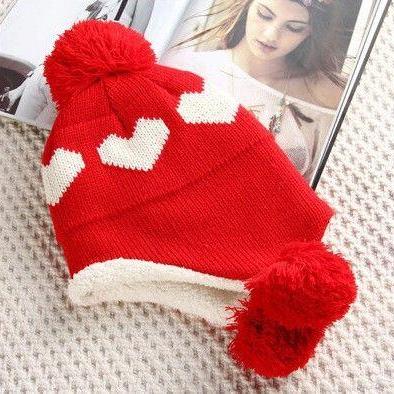 Love Heart Pompom Red Girl Winter Hat