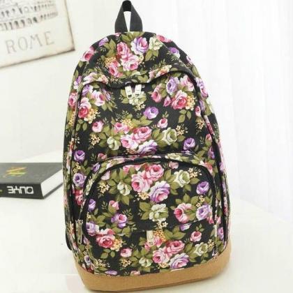 Flowers Black Design Fashion Girl Backpack
