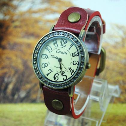 Vintage Dress Leather Strap Red Woman Watch
