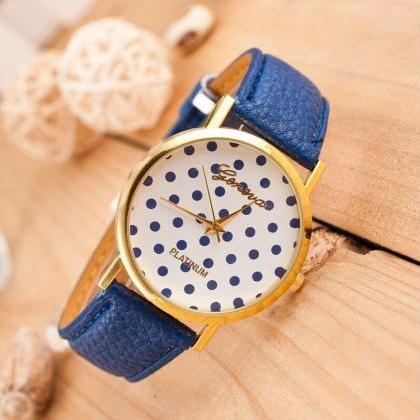 Dots Face Teenage Trendy Pu Blue Leather Band Girl..