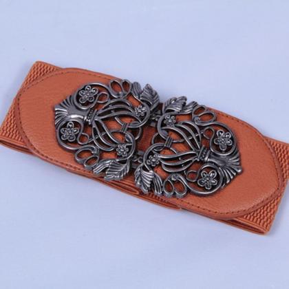 Elastic Woman Brown Belt With Alloy Flowers Buckle