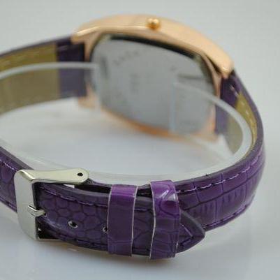 Rectangle Rhinestones Purple Leather Strap Woman..