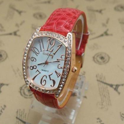 Rectangle Rhinestones Red Leather Strap Woman..