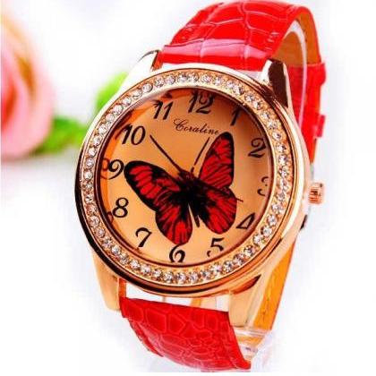Butterfly Rhinestones Dress Red Leather Girl Watch