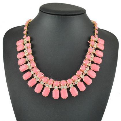 Pink Faceted Bead And Rhinestone Statement Bib..