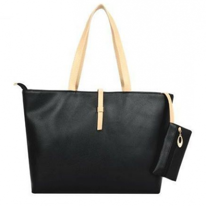Casual Black Everyday Tote Bag With Small Pouch