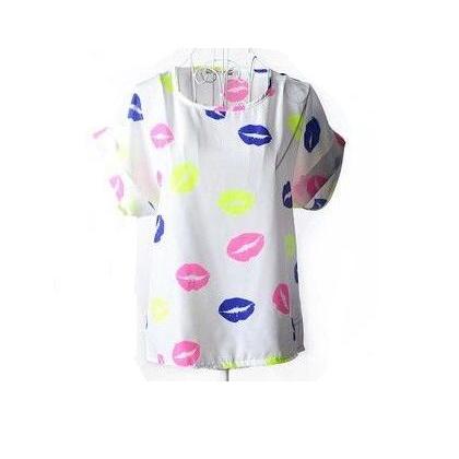 Colorful Kisses Fashion Print Love Shirt Summer..