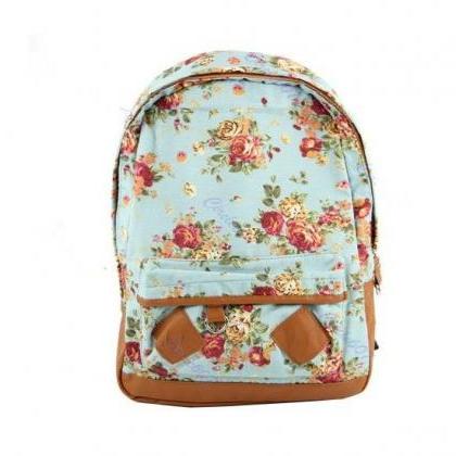 Flower Pattern Cotton Blue Fashion Girl Backpack