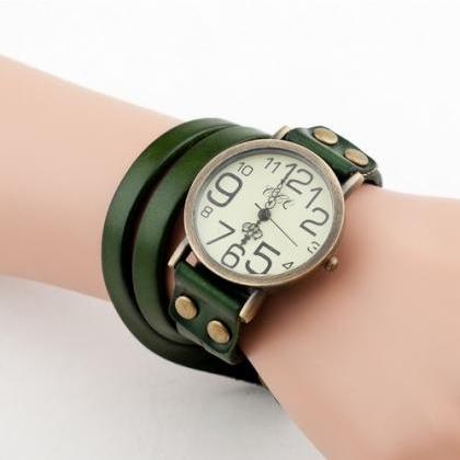 Fashion Leather Bracelet Vintage Green Woman Watch
