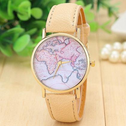 World Map Casual Pu Leather Beige Band Woman Watch