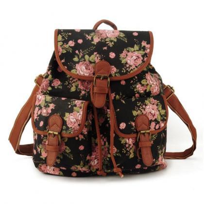 Cute School Fashion Black Floral Girl Backpack