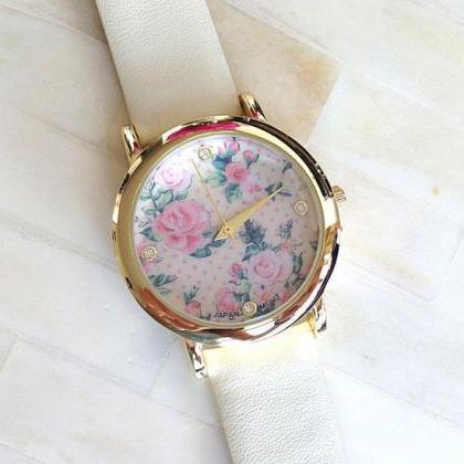 Floral Face Pu Leather White Band Fashion Teen..