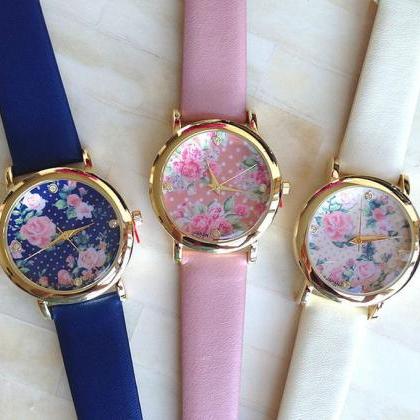 Floral Face Pu Leather Blue Band Fashion Teen..