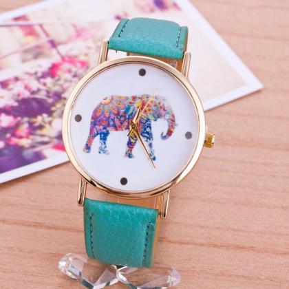 Elephant Colorful Face Pu Leather Green Band..