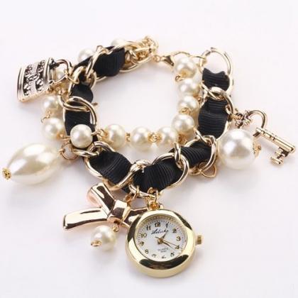 Bow Tie Pendant Pearls Black Band Woman Watch