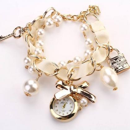 Bow Tie Pendant Pearls Band Woman Watch