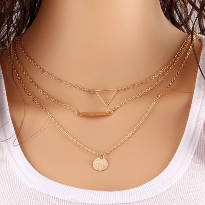 Gold 3 Layered Necklace With Triangle, Bar And..