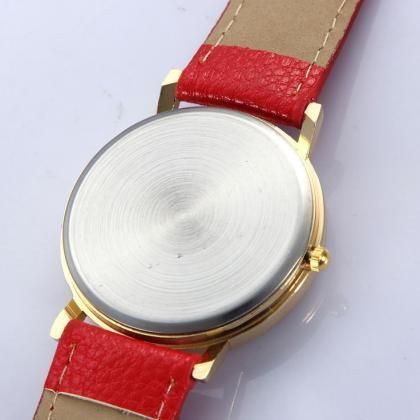 Pu Leather Band Fashion Teen Unisex Red Watch