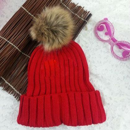 Winter Warm Snow Fun Knitted Cotton Pompon Red..