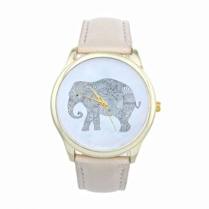 Elephant Print Watch In Beige Band
