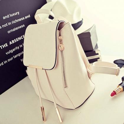 Cream Leather Backpack With Gold Zipper And Tassel..