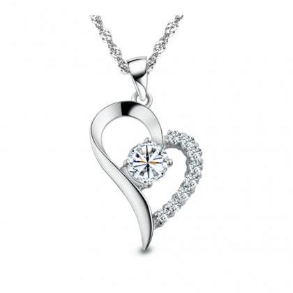 Silver Toned Heart Crystal Pendant Love You Gift..