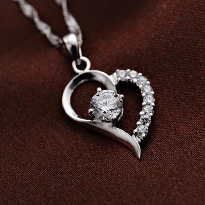 Silver Toned Heart Crystal Pendant Love You Gift..