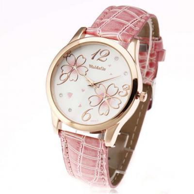 Teenage flowers pink leather band girl watch
