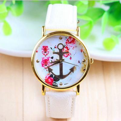 Flowers anchor leather unisex teen sailor watch