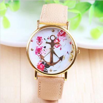 Flowers anchor brown leather unisex teen sailor watch