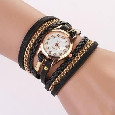 Chain and leather black bracelet wrap schoolgirl watch