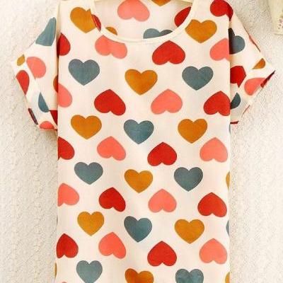 Colorful Hearts Print Love shirt summer Tee Girl Top