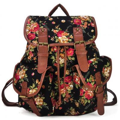 Floral canvas fashion black camping girl backpack