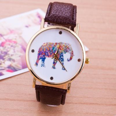 Elephant colorful face Pu leather brown band unisex watch