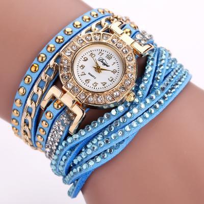 Wrap PU leather bracelet luxury dress woman blue rhinestones elegant fashion gift watch
