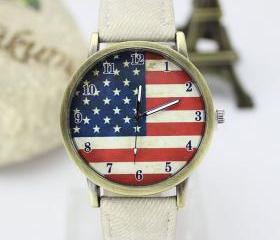 United States Flag Face Casual White Band Teen Watch on Luulla