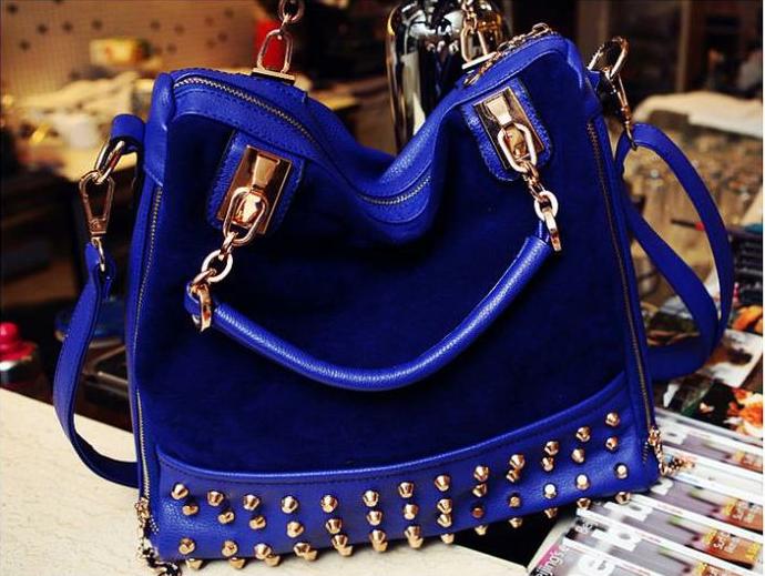 Rivets Decoration Blue Leather Messenger Woman Handbag