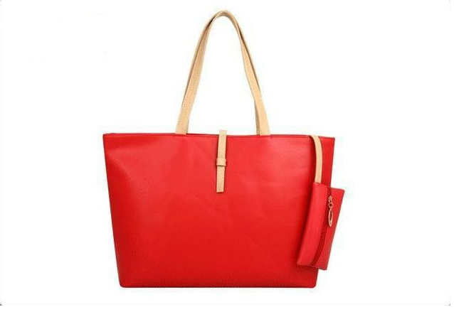 Red Faux Leather Tote Bag Featuring Slip-in Closure And Attached Pouch