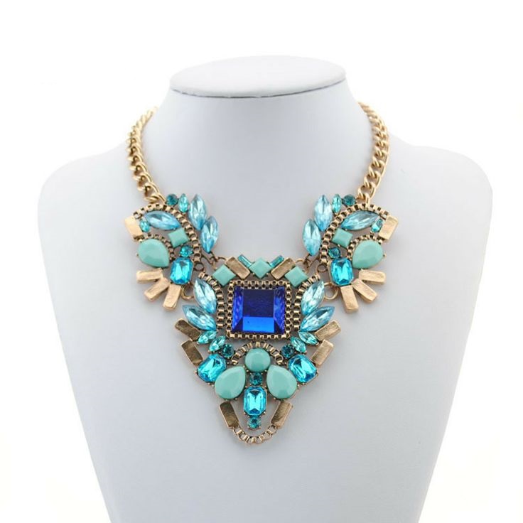Blue Faux Crystal And Gemstones Statement Necklace
