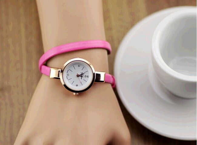 Wrap Evening Thin Pink Leather Band Woman Watch