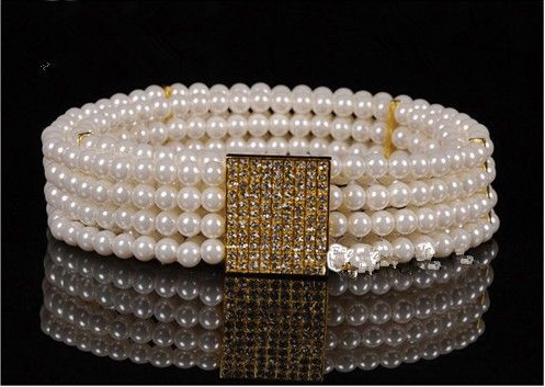 White Imitation Pearls And Rhinestones Buckle Woman Belt