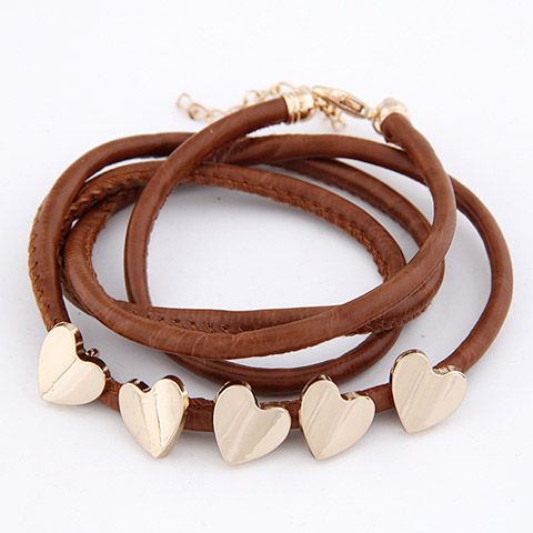 Five Heart Pendants Leather Rope Teen Brown Bracelet
