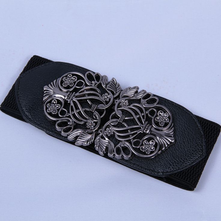 Elastic Woman Black Belt With Alloy Flowers Buckle