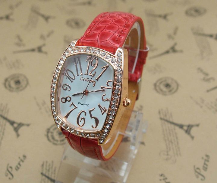 Rectangle Rhinestones Red Leather Strap Woman Watch