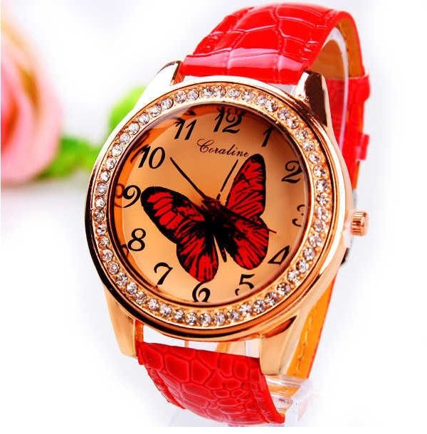Butterfly Rhinestones Dress Red Leather Girl Watch