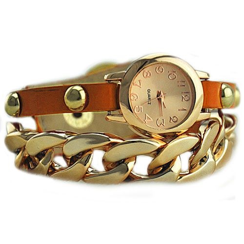 Gold Colored Chain - Leather Orange Band Dress Woman Watch